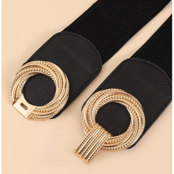 Black Round Buckle Wide Elastic Belt - Picture 3 of 3